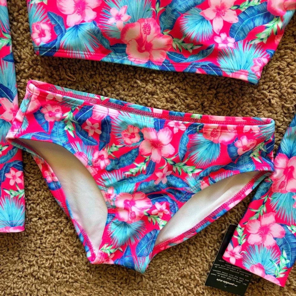 Art Class Pink Tropical Hawaiian Floral Rash Guard Bikini Bathing Suit 6/7 NWT